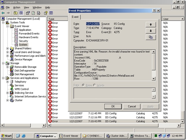 IIS Config Errors and Event ID 4275 Exchange 2003